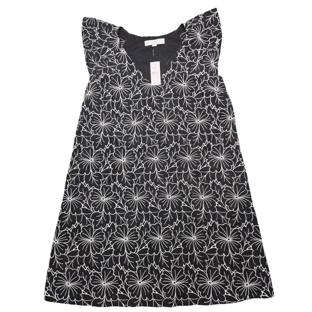 LOFT Dress Womens XS Black Floral A-Line Short Sleeve Embroidered Lined